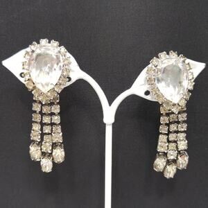 Vintage Clear Rhinestone Dangle Earrings Silver Tone Clip On Bridal 1950s